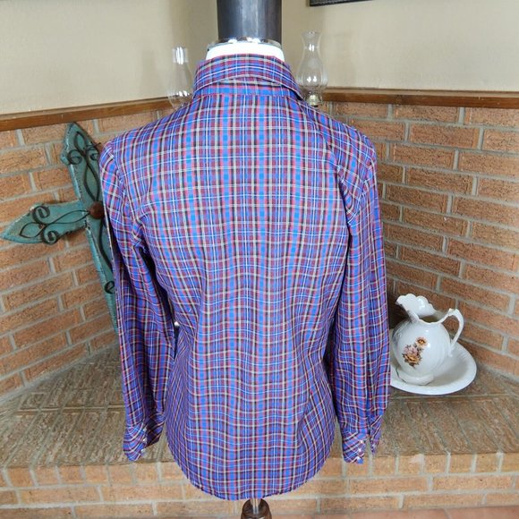 Vintage 1970s Shirley of Atlanta Blue Plaid Pearl Snap Western Blouse Size 32 M - Picture 3 of 5